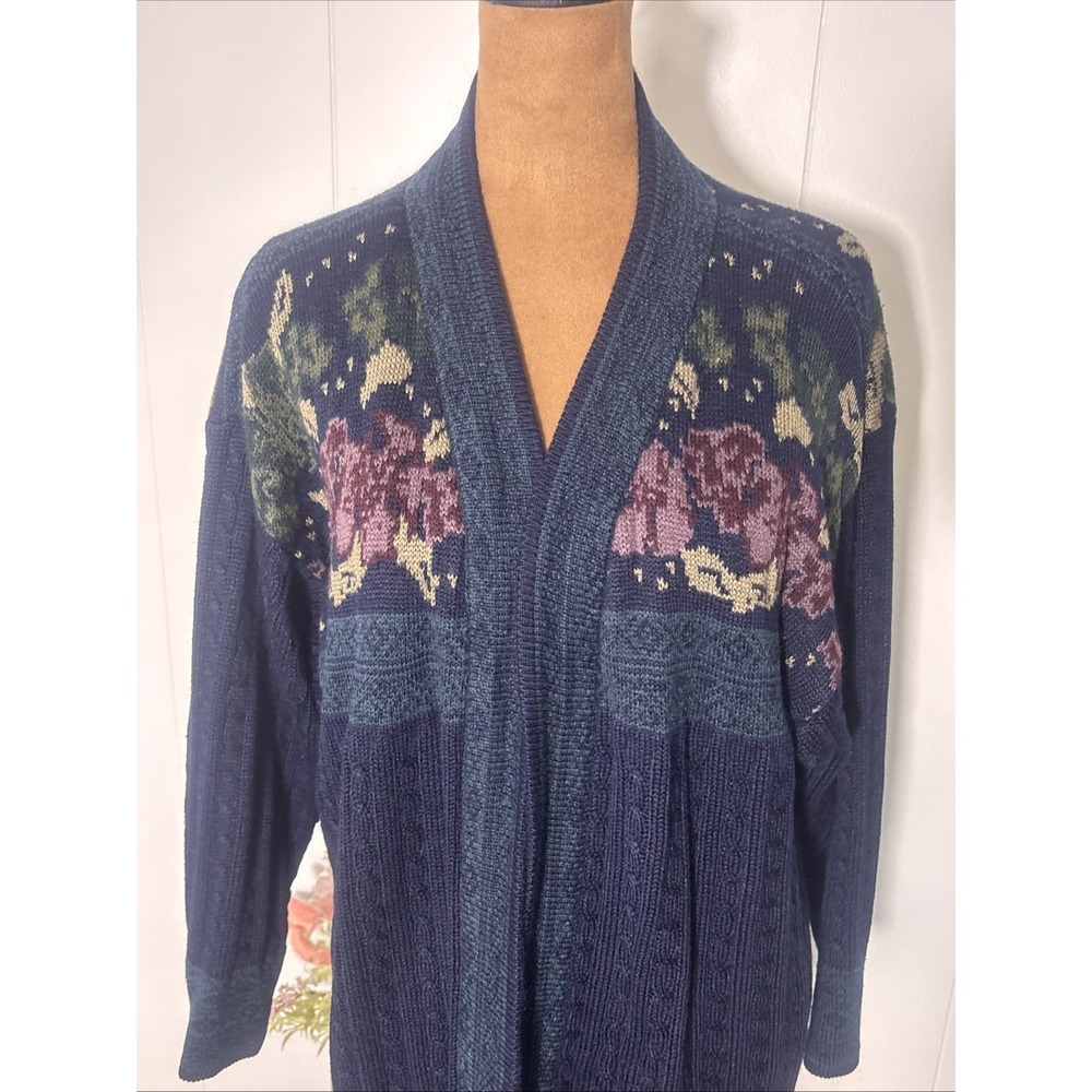 Vintage Gina Blue Mauve Roses Fall Cardigan Sweater Cottage Granny Womens Large